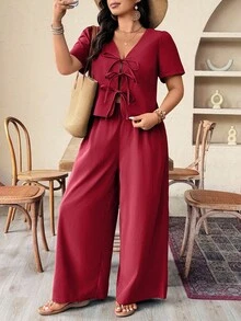 EMERY ROSE 大码休闲宽松纯色短袖T恤和裤子2件套女套装两件套女套装裤子2件套休闲套装女裤套装夏季套装大码两件套裤子套装 - 酒紅色 - 查看 8