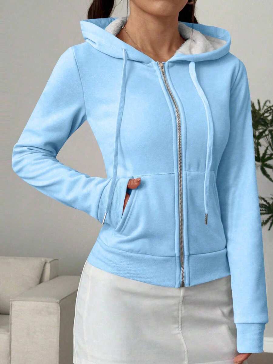 SHEIN PETITE 1pc Women's Casual Hooded Zip-Up Sweatshirt Jacket, Apricot Thermal Lining, Drawstring, Slim Fit, Comfortable, Versatile For Daily Wear, Blue, Autumn/Winter