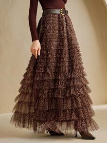 Anewsta Autumn/Winter Chic Brown A-Line Fashionable Leopard Print Multi-Layer Tulle Women's Skirt With Belt - Coffee Brown - View 5