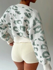 SHEIN Unity 女式豹纹落肩长袖短款宽松针织开衫，秋冬 - 彩色 - 查看 2