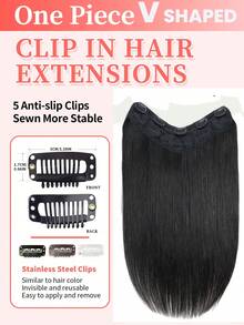 V-Shaped One-Piece Clip In Human Hair Extensions With 5 Clips Natural Black Straight Clip In Hair Weft Volume-Enhancing Easy Installation Hair Extensions For Women - Natural Black - View 3