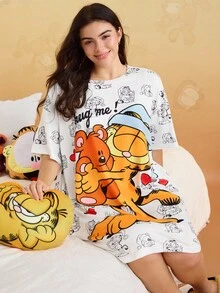 GARFIELD | SHEIN 加大码可爱猫咪印花圆领短袖睡裙，夏季卡通睡衣女款，哞哞睡裙 - 白色 - 查看 3
