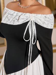 Allurite Vestido de manga larga con parches de encaje elegante para mujer de talla grande, adecuado para uso diario y fiestas - Beis - Ver 3
