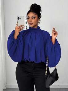 Maweii 大码女式优雅纯色立领灯笼袖褶皱宽松衬衫，秋季 - 藍色 - 查看 2