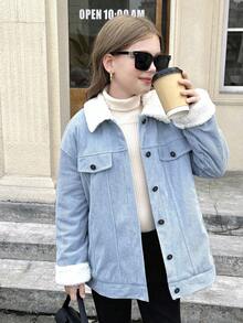 SHEIN 适合青少年女孩的浅蓝色落肩泰迪绒内衬长袖纽扣外套，适合秋冬季穿着 - 藍色 - 查看 5