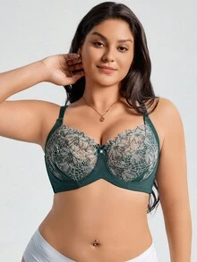 SHEIN 1pc Plus Size Women Floral Embroidery Bow Decor Underwire Bra - Multicolor - View 5