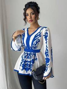 Elenzga 女式时尚优雅花卉印花V领长袖衬衫 - 藍色 - 查看 3
