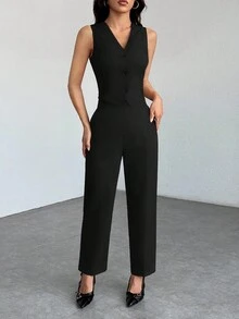 SHEIN PETITE 秋冬季休闲无袖开襟马甲长裤两件套，商务休闲女装