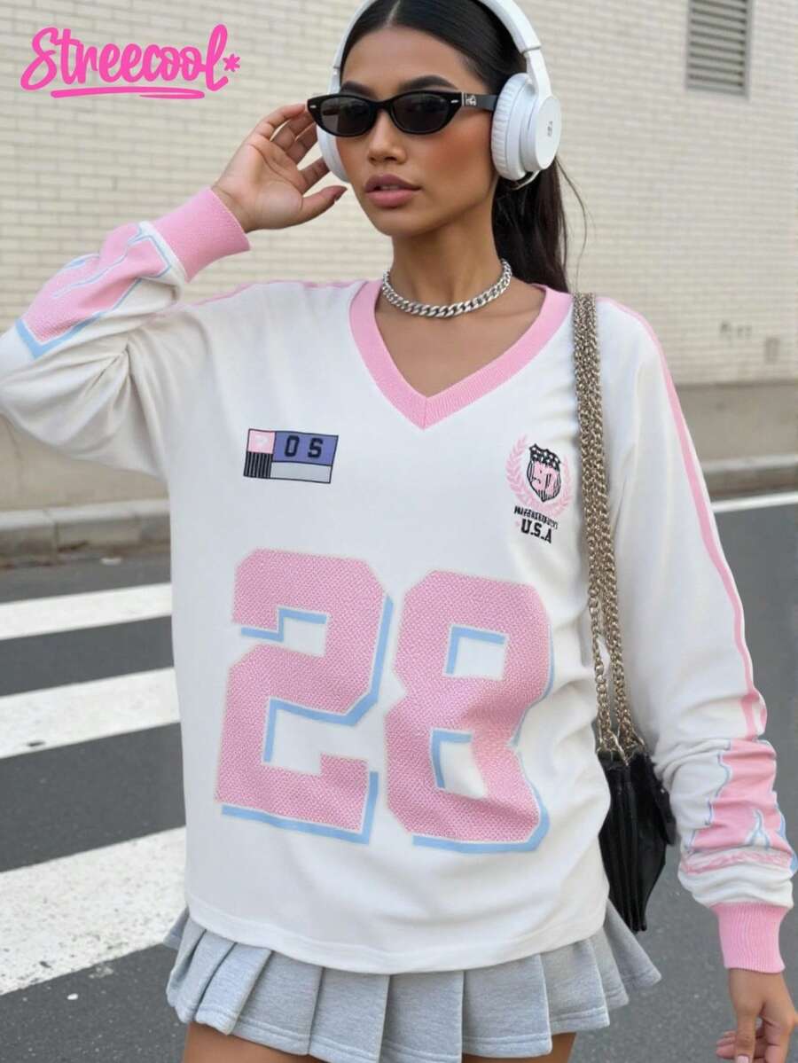 SHEIN Explorewe 1 件 Tween Girl 美式运动长袖 T 恤,适合青少年女孩,舒适柔软的面料,适合运动、休闲装、学校、摄影、旅行和各种场合,时尚、轻便、必备上衣、街头服饰 - 白色 - 查看 1