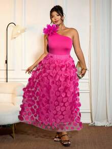 Cravure 大码女式派对针织不对称花卉修身黑色上衣和双层黑色长裙两件套 - 玫紅色 - 查看 4