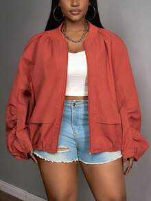 Slaydiva Áo khoác dài tay dáng rộng, cổ bẻ, có khóa kéo, màu nâu trơn, dành cho nữ cỡ lớn, phong cách thường ngày, retro và vintage, thích hợp cho mùa xuân và đầu thu. Áo khoác nhẹ, mỏng nhẹ, phù hợp cho mùa thu/đông. - màu nâu - Xem 5