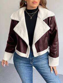 SHEIN Privé Plus Size Fashionable Windproof PU Leather Teddy Fleece Lining Contrast Color Short Loose Fit Women Black Jacket, Autumn/Winter