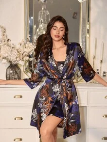 LuxeNights 女士印花缎面吊带睡裙睡袍套装，秋冬服装 - 黑色 - 查看 4