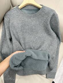 Chiquease Nuevo suéter de cuello redondo de manga larga con forro térmico para mujer - Gris - Ver 3