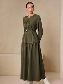 Graceveil 女式绿色系带领长袖腰带双D环束腰连衣裙 - 橄欖綠 - 查看 6