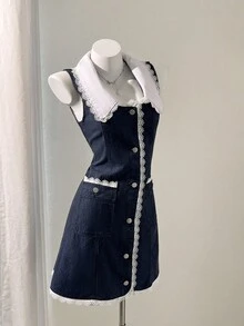 Elamini Váy denim thường ngày không tay, cổ ren màu tương phản dành cho nữ - Màu xanh lam - Xem 5