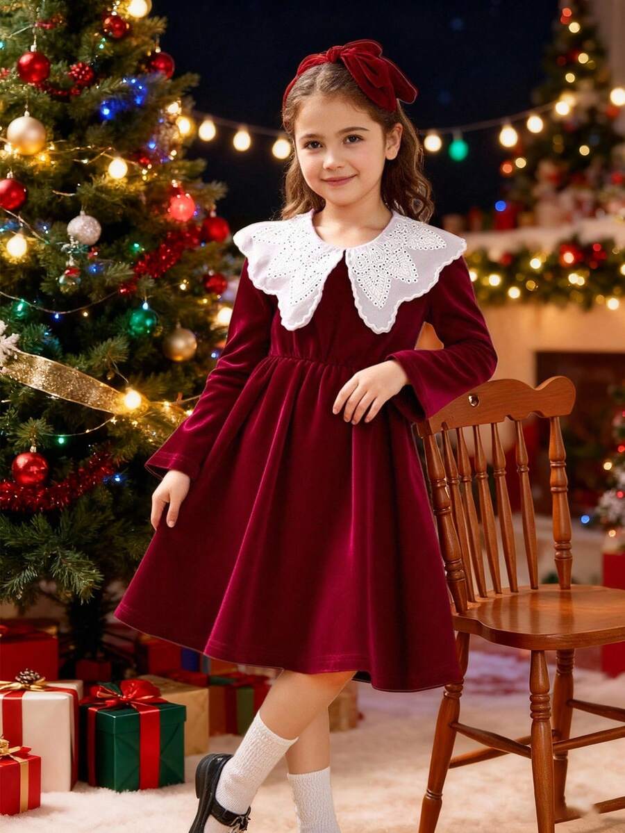 SHEIN Elladie kids Young Girls' Burgundy Velvet Dress, Autumn Christening Elegant Nancy Red Christmas Dress Featuring White Lace Trim Collar, Soft Lustrous Kids - Burgundy - View 1
