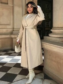 Xyvia Standard Size Women's Lapel Waist Belt Bow Pocket Sleeve Single-Breasted Long Overcoat, Autumn/Winter - Khaki - View 6