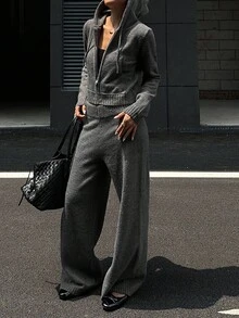 DAZY 女式纯色长袖拉链连帽开衫和针织裤休闲两件套，秋季 - 灰色 - 查看 4