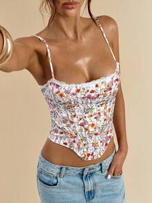 SHEIN BAE Women's Spaghetti Strap Sleeveless Ditsy Floral Fitted Cropped Camisole - Burnt Orange - View 1