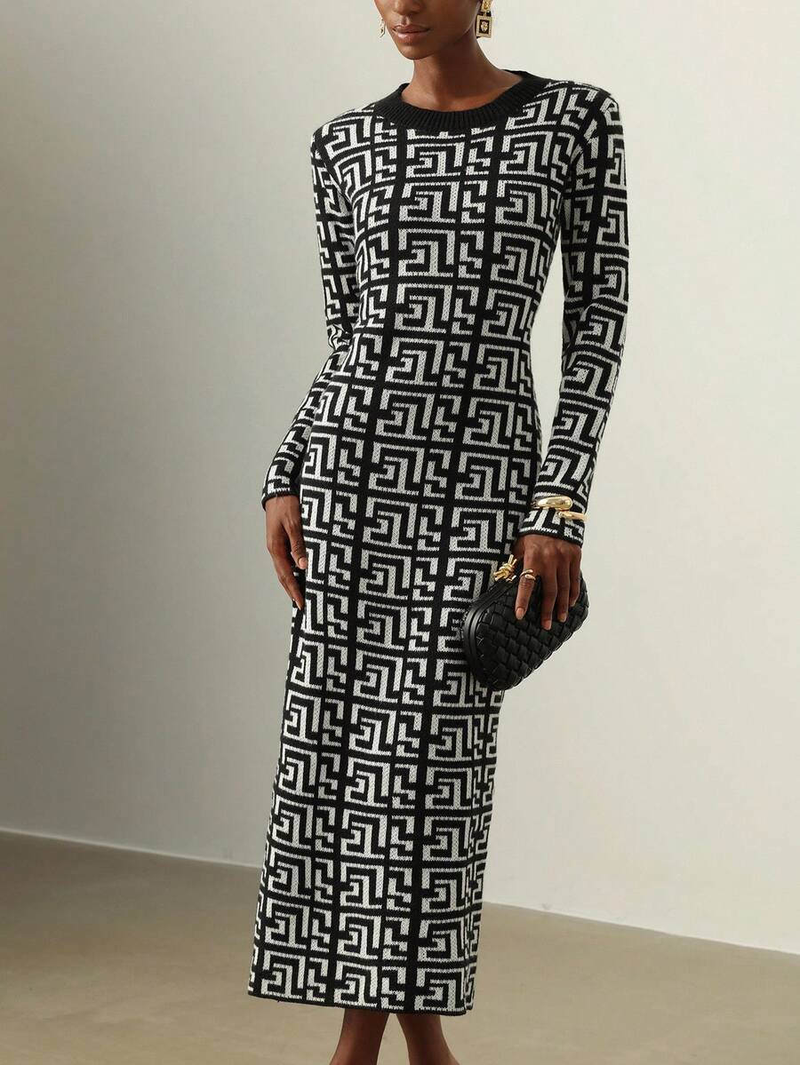 SHEIN Veneréa Vintage Geometric Jacquard Textured Open Back Slit Hem Design Long Fitted Waist Fashionable Sweater Dress, Women Spring/Autumn - Black and White - View 1