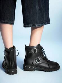 Sugerpunk Botas de plataforma gruesa con tacón grueso de PU negro, nuevas para primavera/otoño 2025. Botas de tobillo con cremallera lateral, remaches metálicos y estilo gótico británico oscuro para mujer - Negro - Ver 6
