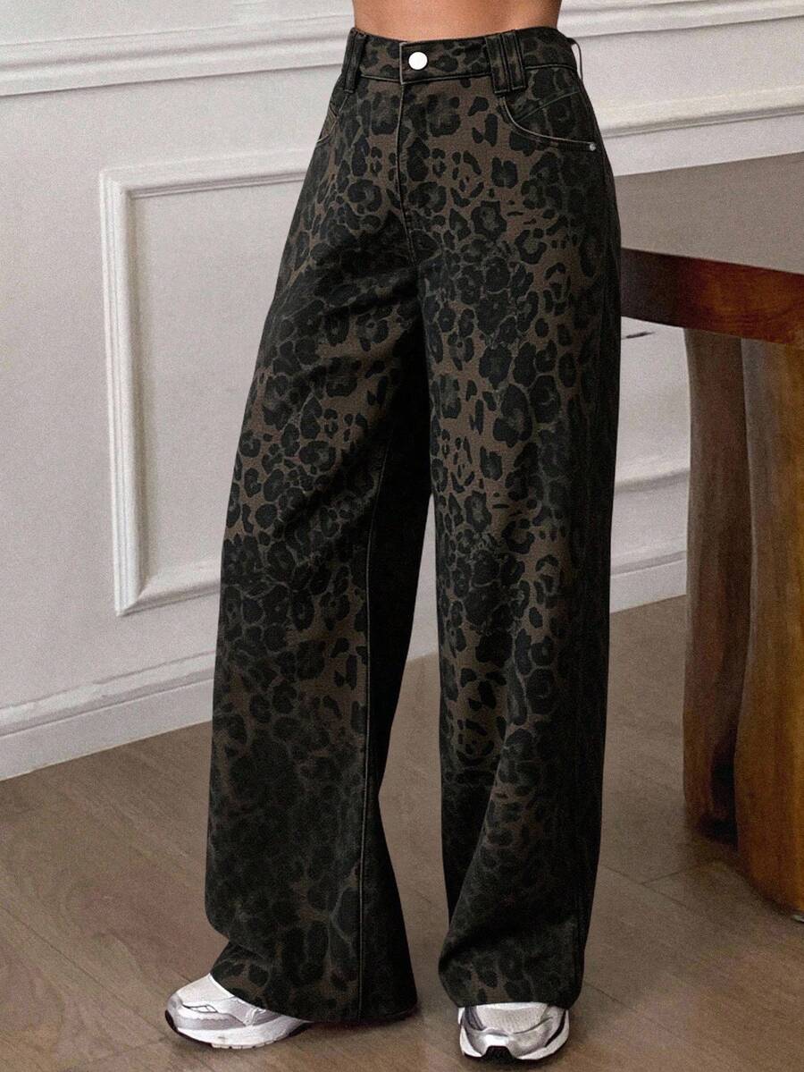 Livesso Jeans casuales de talle alto con estampado de leopardo para mujer, otoño - Marrón - Ver 1