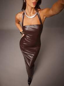 Silquee Vestido ajustado y sexy sin mangas con cuello halter y espalda descubierta, versátil - Marrón - Ver 1