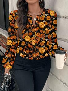 EMERY ROSE Plus Size Vintage Elegant Floral Print Shirt, Suitable For Fall