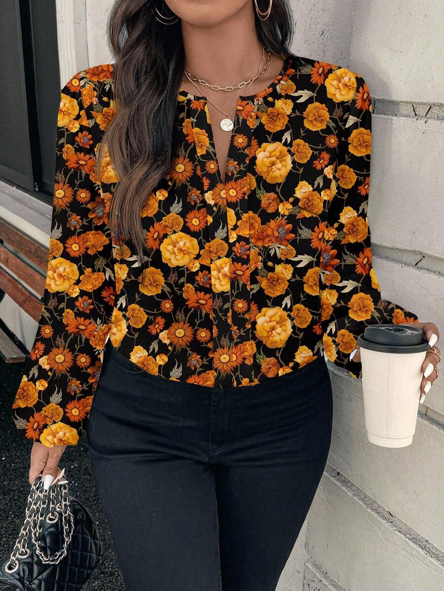 EMERY ROSE Plus Size Vintage Elegant Floral Print Shirt, Suitable For Fall