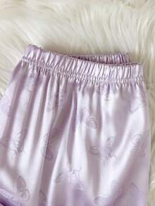 2pcs/Set Teen GirlCute Butterfly Jacquard Long Sleeve Top And Pants Elegant Loungewear Girls Satin Pajamas Purple Pajamas Set Purple Pjs For Girls Fall Winter - Mauve Purple - View 3