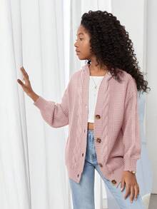 SHEIN Chaqueta de punto con capucha de manga larga y ajuste holgado informal para niñas preadolescentes