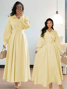 Islaluna Women's Turndown Collar Drop Shoulder Long Sleeve Waist Gathered A-Line Dress, Suitable For Outings, Vacations, Holidays, And Travels