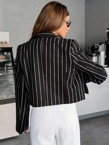 SHEIN Women's Cropped Blazer With White Pinstripes And Button Closure, Stylish And Modern Outerwear, High Quality Fabric - Black - View 2