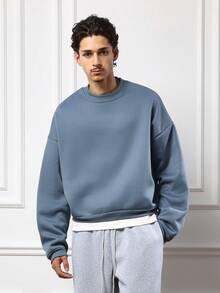 SUMWON 短款圆领卫衣，宽松落肩休闲套头衫，金属孔眼细节，经典百搭，秋冬居家休闲街头风纯色款 - 藏蓝色 - 查看 5