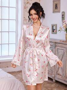 CottageSlumber Floral Romantic Sweet Robe, Embroidered Long Sleeve Jacket In Faux Silk, For Fall - Pink - View 4