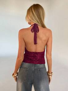 Aloruh Rotes modisches rückenfreies Neckholder-Camisole aus Spitze für Damen - Bordeaux - Übersicht 2