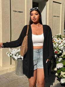 SHEIN EZwear Cárdigan informal de talla grande de tela de punto transparente negro con mangas largas y bolsillos, bajo asimétrico hasta el muslo para otoño/invierno - Negro - Ver 4