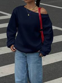 SHEIN EZwear Navy Blue Oversized Oblique Shoulder Thermal Lined Women Sweatshirt, Autumn/Winter - Navy Blue - View 5