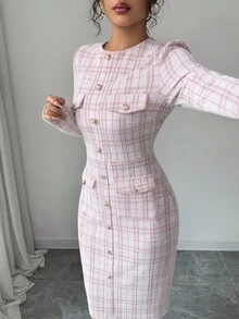 Elenzga 女士秋冬新款通勤百搭修身收腰圆领针织连衣裙