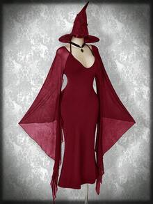 SHEIN ICON Váy bó sát tay cánh dơi phối lưới ôm sát cỡ lớn cho nữ, trang phục Halloween, Y2K, váy phù thủy cổ điển gợi cảm - Màu Đỏ Sâu - Xem 4