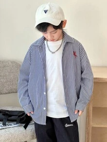 SHEIN 青少年男童韩版条纹休闲翻领长袖梭织衬衫，适合通勤、上学、休闲、旅行、运动、秋冬 - 藍色 - 查看 2