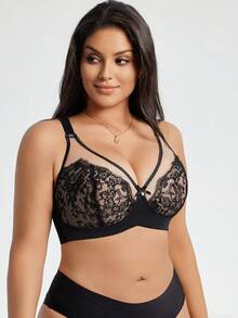 DesireSculpt 1件加大码蕾丝拼接无钢圈内衣文胸 - 黑色 - 查看 7