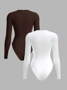 SHEIN BASICS 2件套休闲纯色针织圆领长袖女式紧身衣 - 棕色 - 查看 2