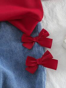 SHEIN Playful Pals Fashionable Regular Minimalist 3D Bow Crew Neck Long Sleeve Sweatshirt Top And Pants Set Fall Winter - Red - View 5