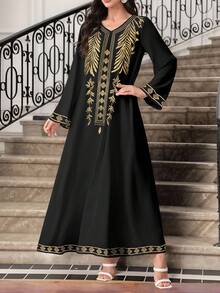 SHEIN Najma 女式叶植物几何数码印花 V 领长袖优雅阿拉伯连衣裙，春秋 - 彩色 - 查看 3