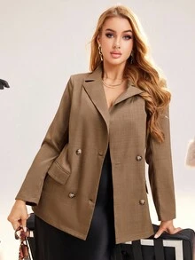 SHEIN Unity Slim Fit Stylish Commuter Double-Breasted Long Sleeve Jacket - Khaki - View 1
