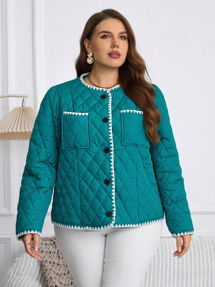 Plus Size Women Winter Elegant Casual Long Sleeve Warm Contrast Trim Quilted Front Button Pocket Padded Coat, Autumn Winter, Going Out, 2025 New , Simple And Fashionable For Everyday Wear Plus Size Coat, Winter Coat, Autumn Winter, Going Out, 2025 New , Simple And Fashionable For Everyday Wear, Plus Size Winter , Thickened Padded Coat, Quilted Coat With Pockets, Christmas For Women , New Year