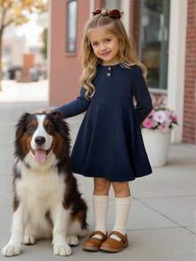 SHEIN Emery Rose Kids 年轻女孩优雅休闲圆领套头开叉设计中长连衣裙，适合上学、日常休闲装、秋冬 - 藏蓝色 - 查看 4