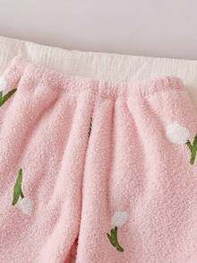 2pcs Girls Cute & Elegant Floral Embroidery Crew Neck Long Sleeve Top And Pants Homewear Set Fall Winter